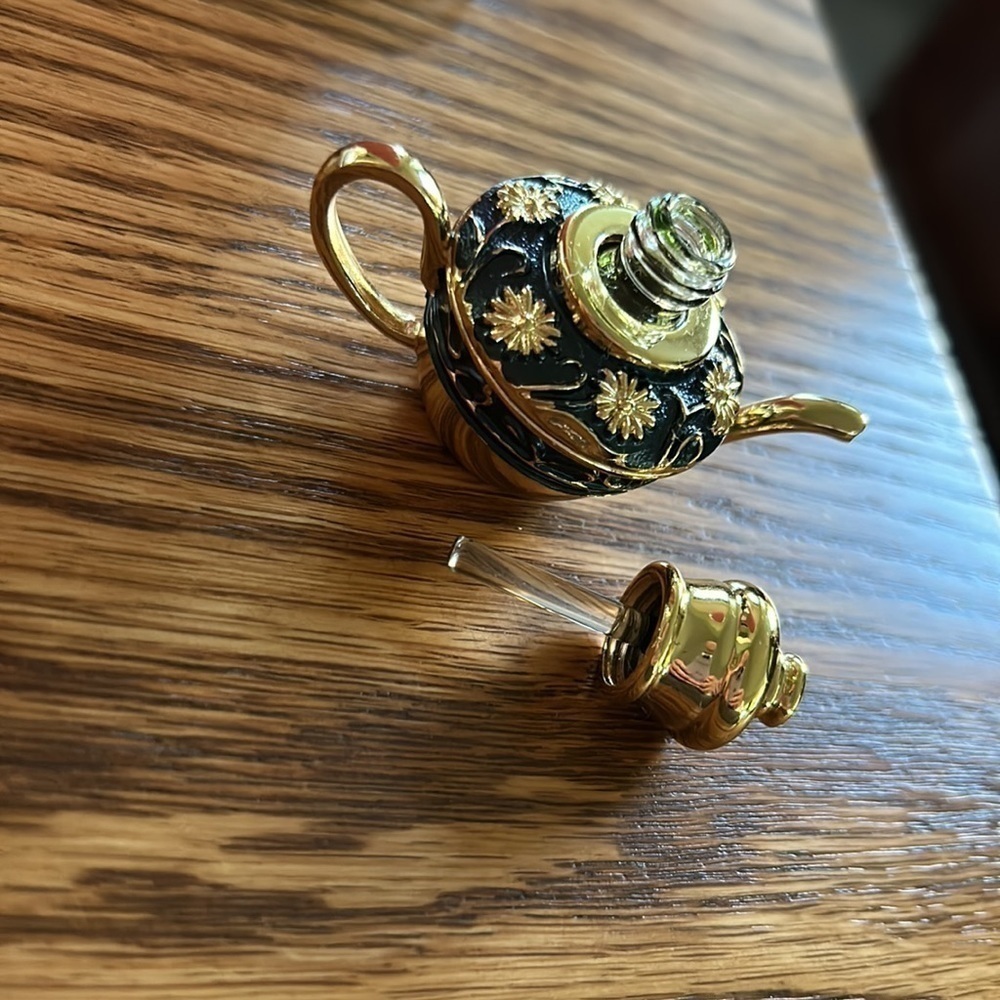 Perfume bottle with glass wand heavy gold-tone with navy blue enamel flower gems - Picture 9 of 10